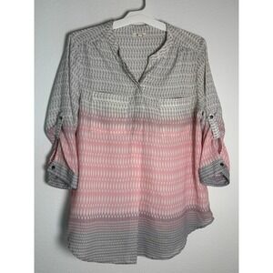 Anatolia Pink Grey Geometric Ombre Roll Tab Sleeve Blouse Top Large